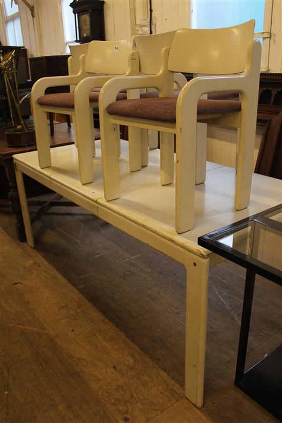 Eero Aarnio for Asko (Finland), Flamingo white lacquered extending dining table (one add. leaf) & set of four chairs